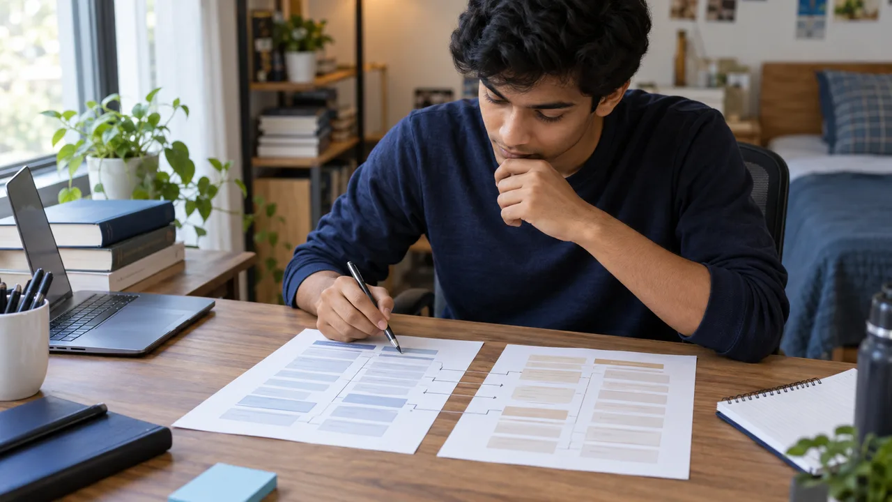 Student comparing overlapping exam sections across two study plans
