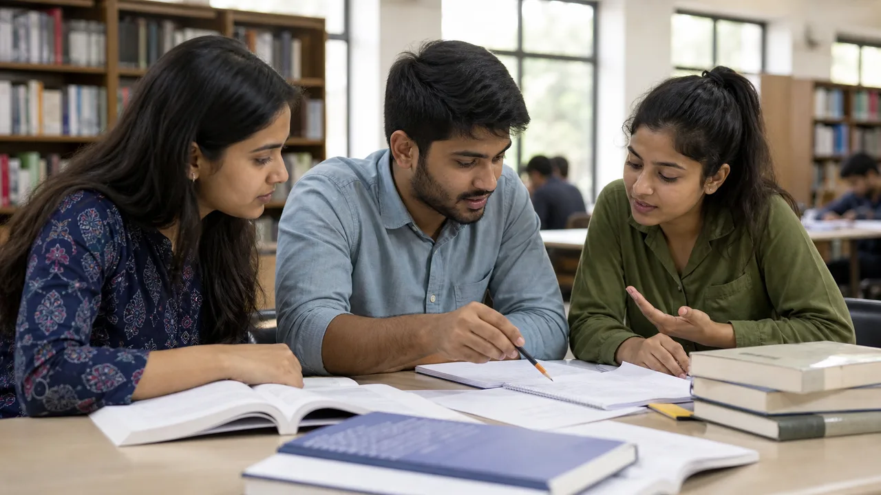 Three Indian aspirants discussing a difficult practice question together
