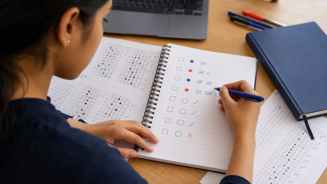 Indian student recording recurring mock-test mistakes in an error log