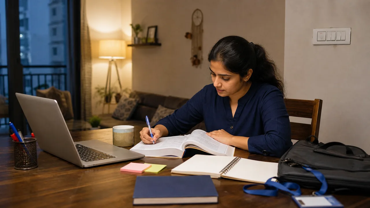 Indian professional studying for a government exam after work