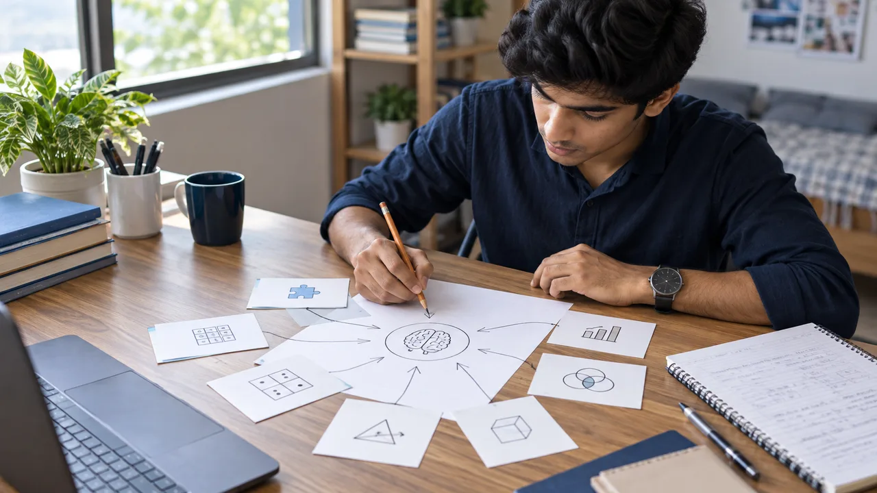 Indian student connecting different reasoning section names in exam notes