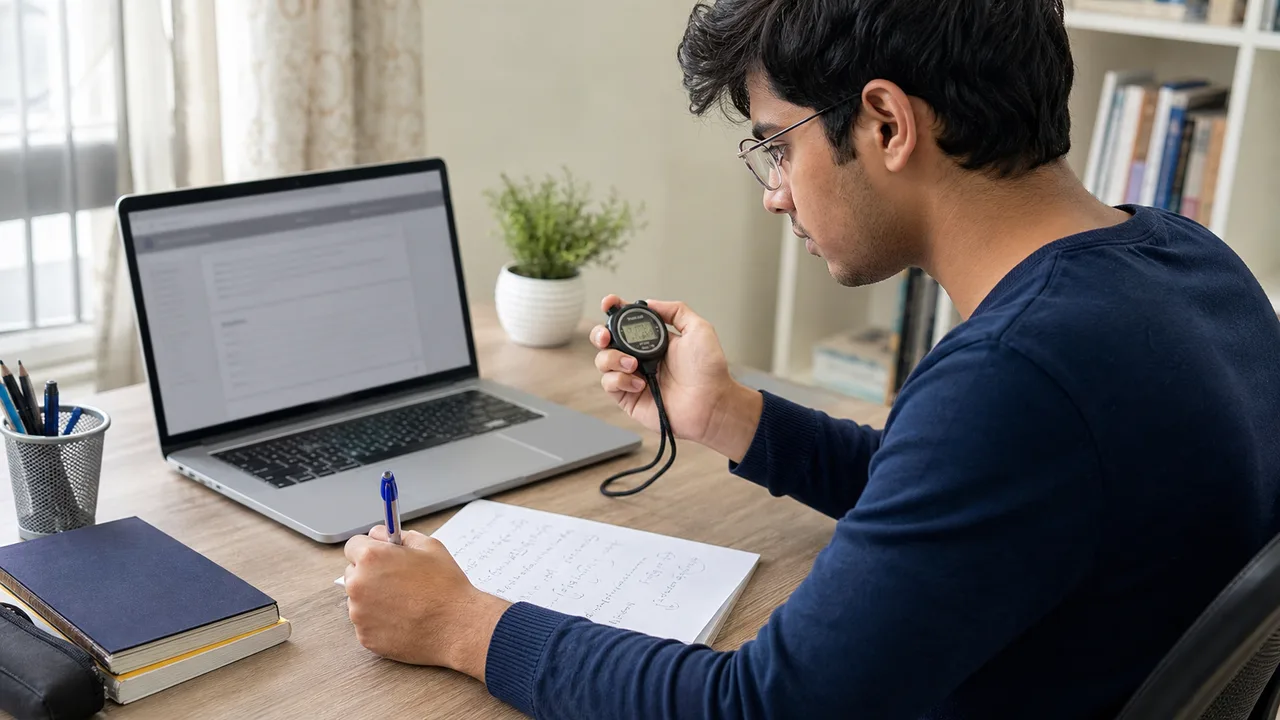 Indian student balancing speed and accuracy during a timed mock test