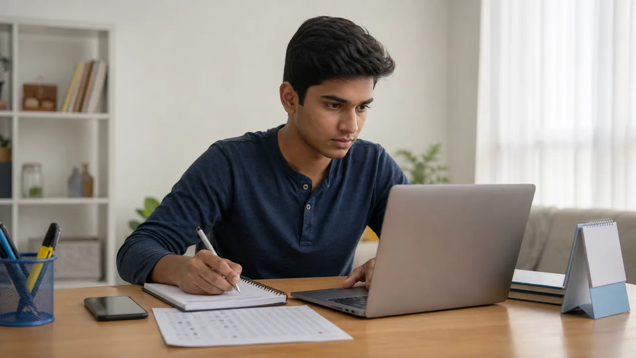 Indian student checking an exam notification and noting an important date