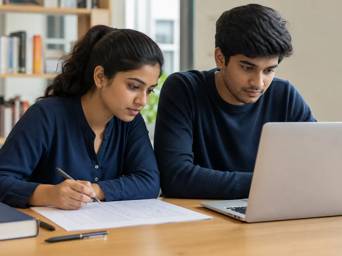 Two Indian students practicing a competitive-exam mock test with a laptop and OMR sheet